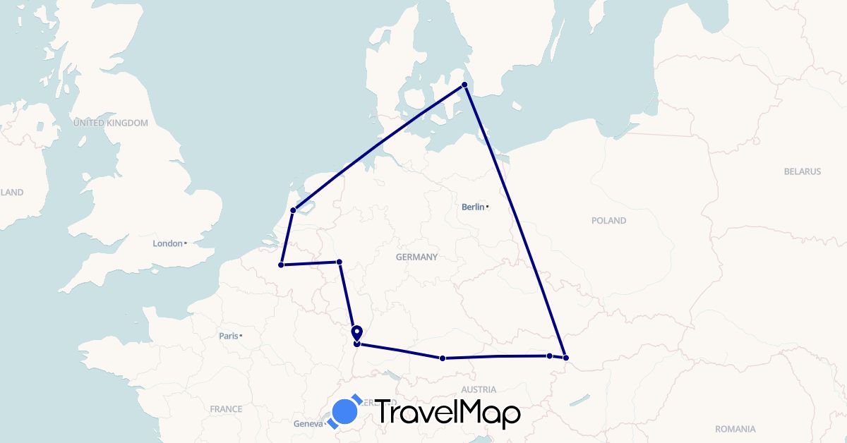 TravelMap itinerary: driving in Austria, Belgium, Germany, Denmark, France, Netherlands, Slovakia (Europe)